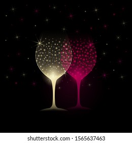 Silhouette glasses of wine or drink with golden and pink lines and bright lights. Background night sky with stars.Vector illustration. Design suitable for Christmas, New Year, party, anniversary.