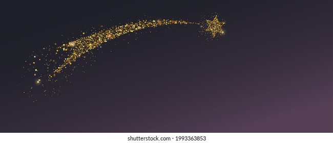 Silhouette of glittering Bethlehem Star. Flying golden comet with shimmering dust. Abstract background. Vector illustration.