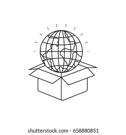 silhouette globe earth world coming out of cardboard box vector illustration