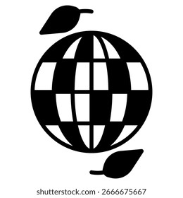 A silhouette of a globe with two leaves representing environmental protection and global awareness. It has a black and white design
