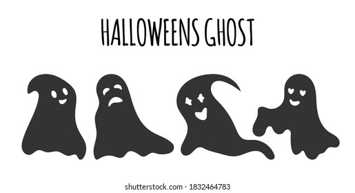 Silhouette glyph ghost set. Happy Halloween character with scary or surprised face shape. Creepy funny cute spook. Great for design postcards on holiday. October horror. Isolated vector illustration