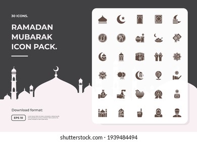 silhouette glyph solid icon set of muslim and ramadan mubarak theme concept vector illustration