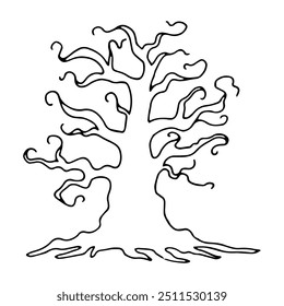 Silhouette of gnarled dry tree with curved branches. Black outline illustration for Halloween. Hand drawn isolated graphic clipart. Line sketch with twisted trunk for creepy decor. Doodle style.