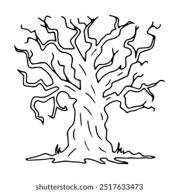 Silhouette of gnarled dry tree with curved branches. Black outline illustration for Halloween. Hand drawn isolated graphic clipart. Line sketch with twisted trunk for creepy decor. Doodle style.