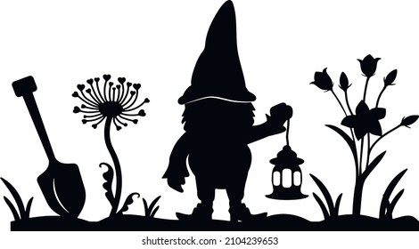 silhouette of gnome holding a street lamp, shovel, flowers. silhouette for laser cutting. vector. eps	
