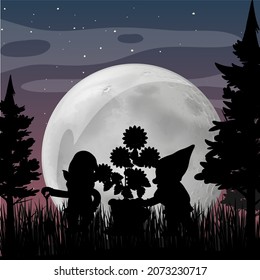 Silhouette gnomes with full moon background illustration