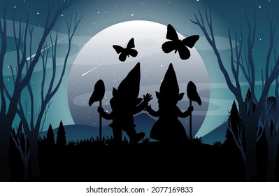 Silhouette gnomes with full moon background illustration