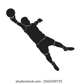 silhouette of a goalkeeper football player catching a flying ball. vector illustration.