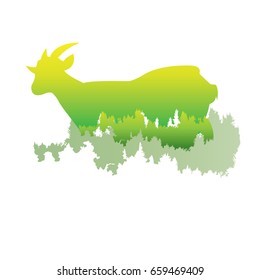 silhouette of a Goat Inside the pine forest, bright colors /animal / park / vector illustration on white background. logo, symbol