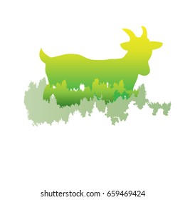 silhouette of a Goat Inside the pine forest, bright colors /animal / park / vector illustration on white background. logo, symbol