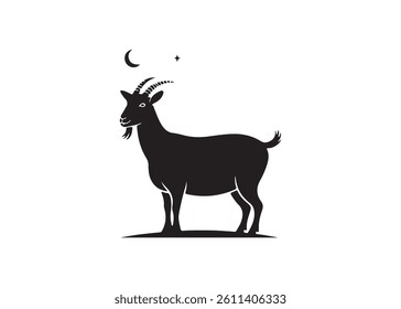 Silhouette of a goat at night, featuring a crescent moon and stars.