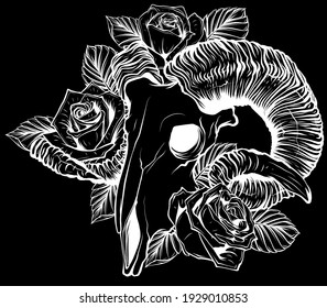 silhouette goat skull vector illustration. goat devilish magical symbol and Flowers peonies and roses