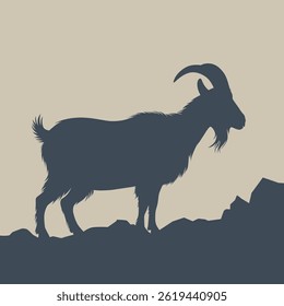 Silhouette of a goat standing on rocky terrain.