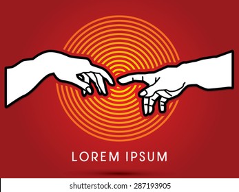 Silhouette, God and Adam's hands , designed on radius cycle background, graphic vector.