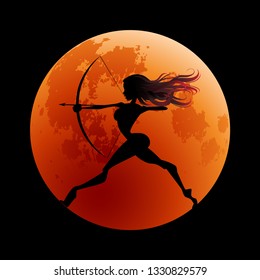 Silhouette of the goddess of hunting Artemis on the background of the moon