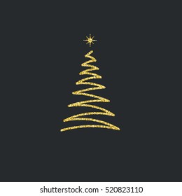 Silhouette of a gold Christmas tree with glitter effect on a black background. Vector illustration.