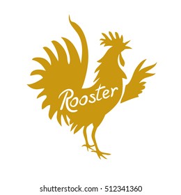 Silhouette of gold cock. Vector image of a rooster with text.