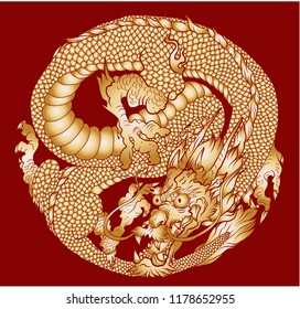 Silhouette Gold dragon in circle isolate on white background.Chinese lucky dragon eight shape in circle.Silhouette Japanese dragon.