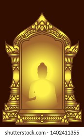 Silhouette golden Buddha inside Temple arch Traditional or vintage design for frame and border, decorative, invitation card, sign printing