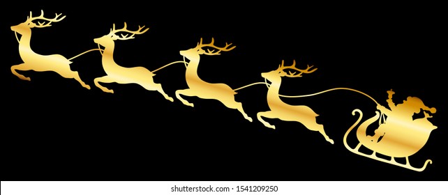 Silhouette Golden Christmas Sleigh Santa And Four Flying Reindeers Black