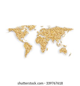 Silhouette of golden world map with shadow, vector illustration.