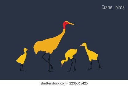 silhouette of golden yellow crane family on dark background vector illustration