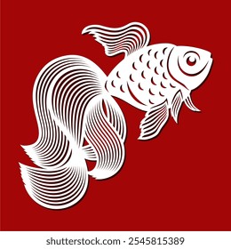 Silueta de peces de colores con escamas, aletas, cola hermosa. Pescado blanco sobre fondo rojo. Plantilla para plotter láser de corte de papel, calado, talla de madera, grabado de metal, cnc. Ilustración vectorial