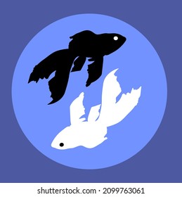 Silhouette of goldfish in yin yang style. The background consists of a blue circle and a blue square. For logos and banners. Vector illustration.