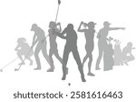 Silhouette golf player set. Active golfers golfing sports people healthy players fitness silhouettes concept.