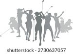 Silhouette golf player set. Active golfers golfing sports people healthy players fitness silhouettes concept.