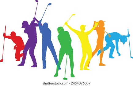 Silhouette golf player set. Active golfers golfing sports people healthy players fitness silhouettes concept.