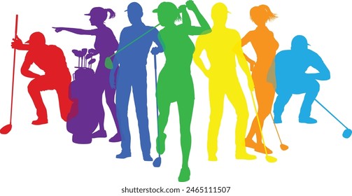 Silhouette golf player set. Active golfers golfing sports people healthy players fitness silhouettes concept.