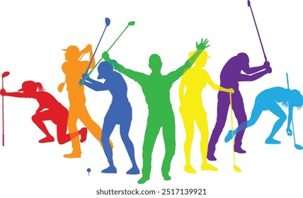 Silhouette golf player set. Active golfers golfing sports people healthy players fitness silhouettes concept.