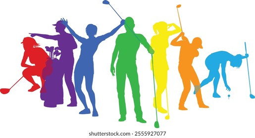 Silhouette golf player set. Active golfers golfing sports people healthy players fitness silhouettes concept.