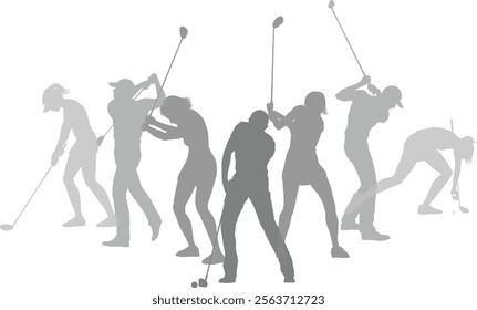 Silhouette golf player set. Active golfers golfing sports people healthy players fitness silhouettes concept.