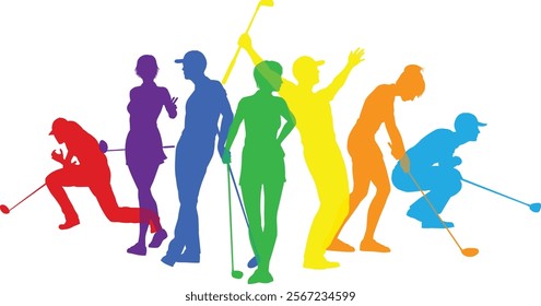 Silhouette golf player set. Active golfers golfing sports people healthy players fitness silhouettes concept.