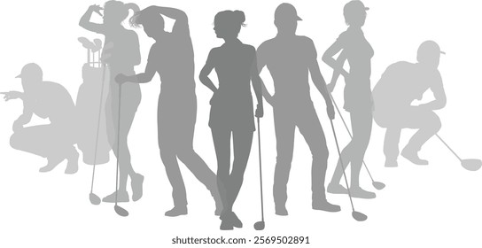 Silhouette golf player set. Active golfers golfing sports people healthy players fitness silhouettes concept.