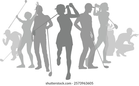 Silhouette golf player set. Active golfers golfing sports people healthy players fitness silhouettes concept.