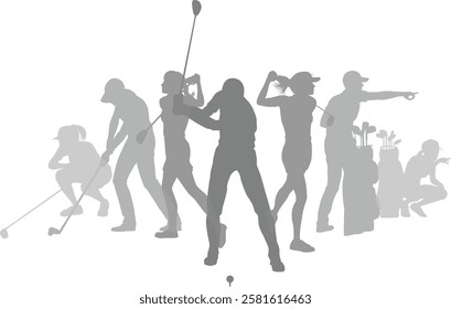 Silhouette golf player set. Active golfers golfing sports people healthy players fitness silhouettes concept.