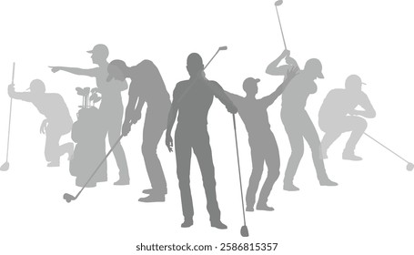 Silhouette golf player set. Active golfers golfing sports people healthy players fitness silhouettes concept.