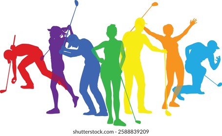 Silhouette golf player set. Active golfers golfing sports people healthy players fitness silhouettes concept.