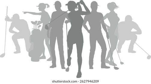 Silhouette golf player set. Active golfers golfing sports people healthy players fitness silhouettes concept.