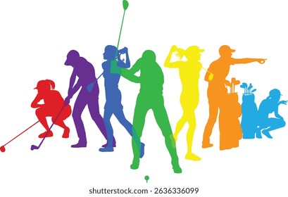 Silhouette golf player set. Active golfers golfing sports people healthy players fitness silhouettes concept.