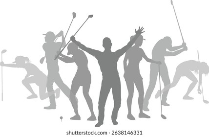 Silhouette golf player set. Active golfers golfing sports people healthy players fitness silhouettes concept.