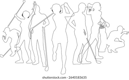 Silhouette golf player set. Active golfers golfing sports people healthy players fitness silhouettes concept.
