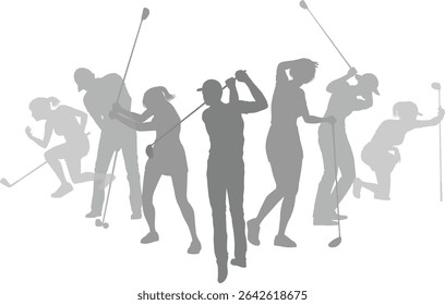 Silhouette golf player set. Active golfers golfing sports people healthy players fitness silhouettes concept.