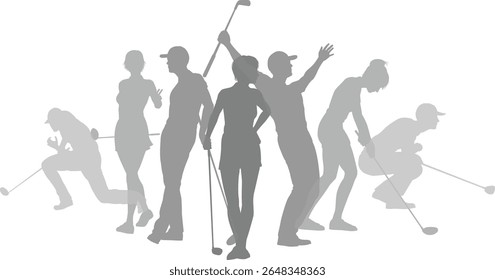 Silhouette golf player set. Active golfers golfing sports people healthy players fitness silhouettes concept.