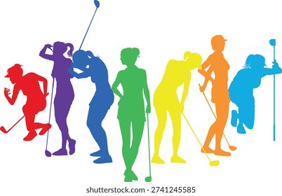 Silhouette golf player set. Active golfers golfing sports people healthy players fitness silhouettes concept.