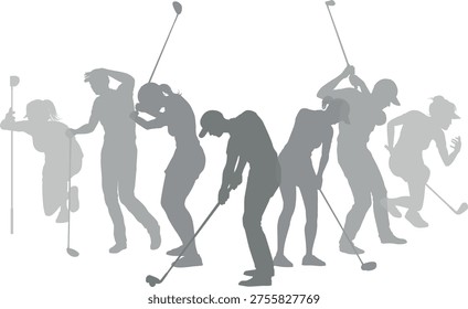 Silhouette golf player set. Active golfers golfing sports people healthy players fitness silhouettes concept.