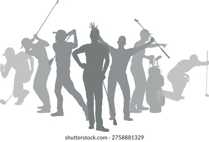 Silhouette golf player set. Active golfers golfing sports people healthy players fitness silhouettes concept.